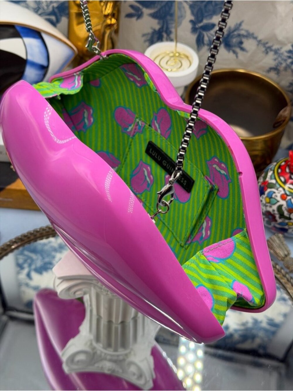 🆕 LULU GUINNESS 🧿 NWOT X ROLLING STONES Iconic Lips Perspex Clutch, Hot Pink - Picture 6 of 15